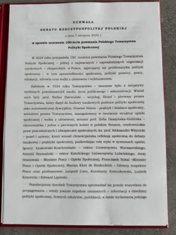 Senat Rzeczypospolitej Polskiej na 100-lecie Polskiego Towarzystwa Polityki Społecznej